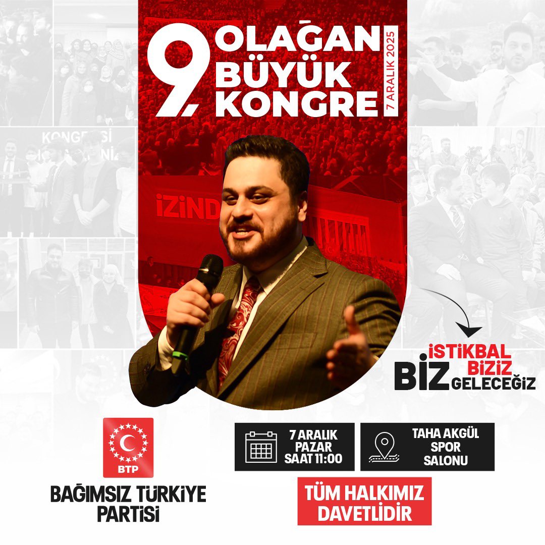 9. Olağan Büyük Kongre’ye Son 7 Gün!

İstikbal Biziz, Biz Geleceğiz! 🇹🇷

🗓️ 7 Aralık Pazar 
📍 Ankara Taha Akgül Spor Salonu

Tüm halkımız davetlidir.