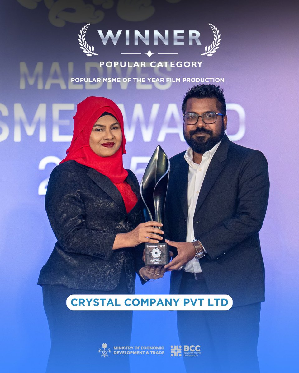 BCC_mv's tweet image. Congratulations The Crystal Company Pvt Ltd!
Winner of Popular MSME of the Year – Film Production at the Maldives MSME Award 2025.
Celebrating excellence and creativity in film production.
@MoEDmv 
#bcc #msmeaward2025 #dhiveheenahiskan