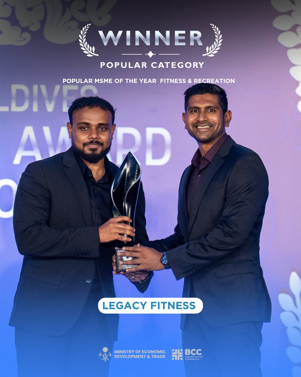 BCC_mv's tweet image. Congratulations Legacy Fitness!
Winner of Popular MSME of the Year – Fitness &amp;amp; Recreation at the Maldives MSME Award 2025.
Recognising leadership and innovation in health, fitness, and recreation.
@MoEDmv 
#bcc #msmeaward2025 #dhiveheenahiskan