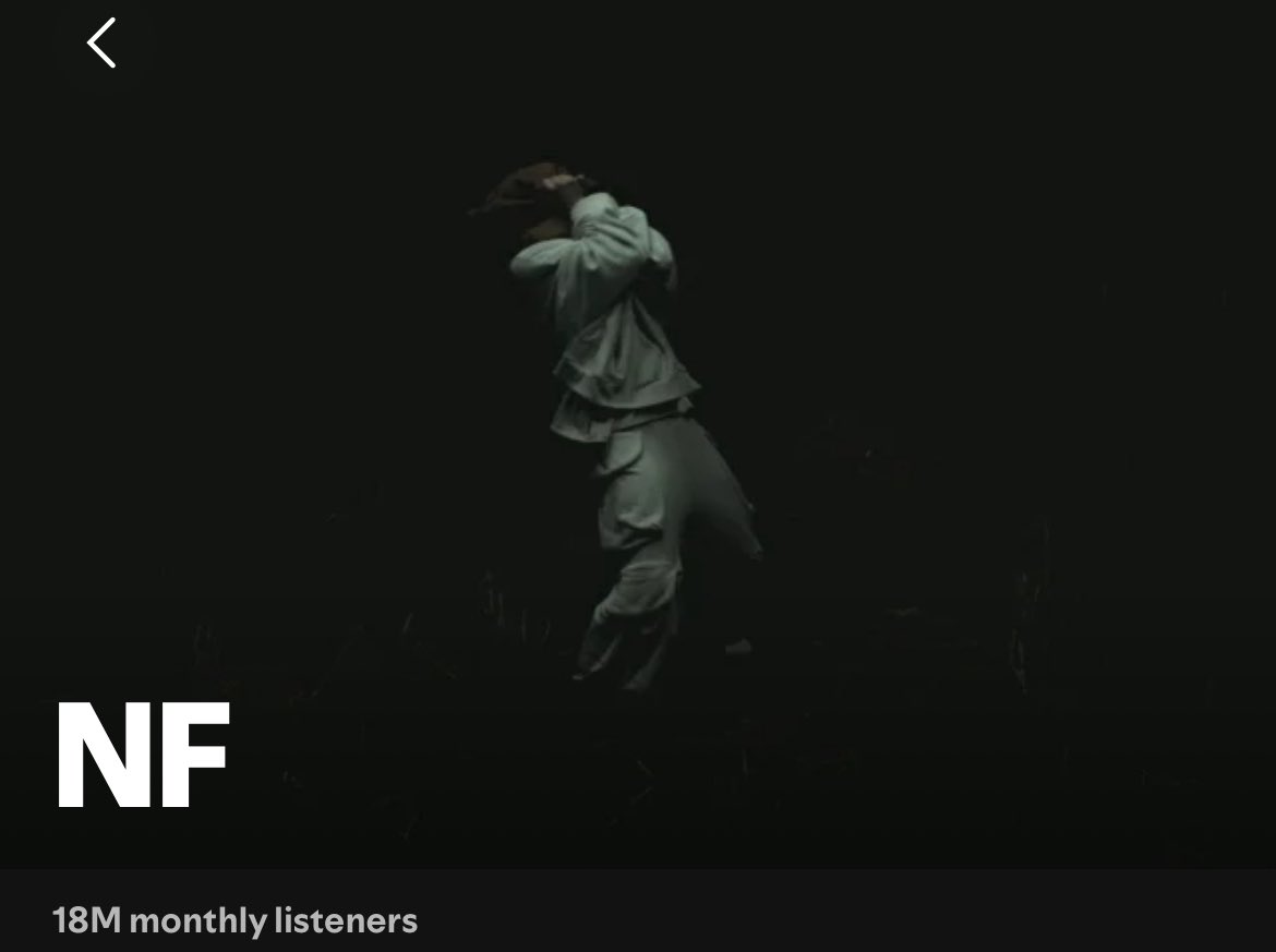 DfwThegods's tweet image. NF at 18M Spotify monthly Listeners 🥶