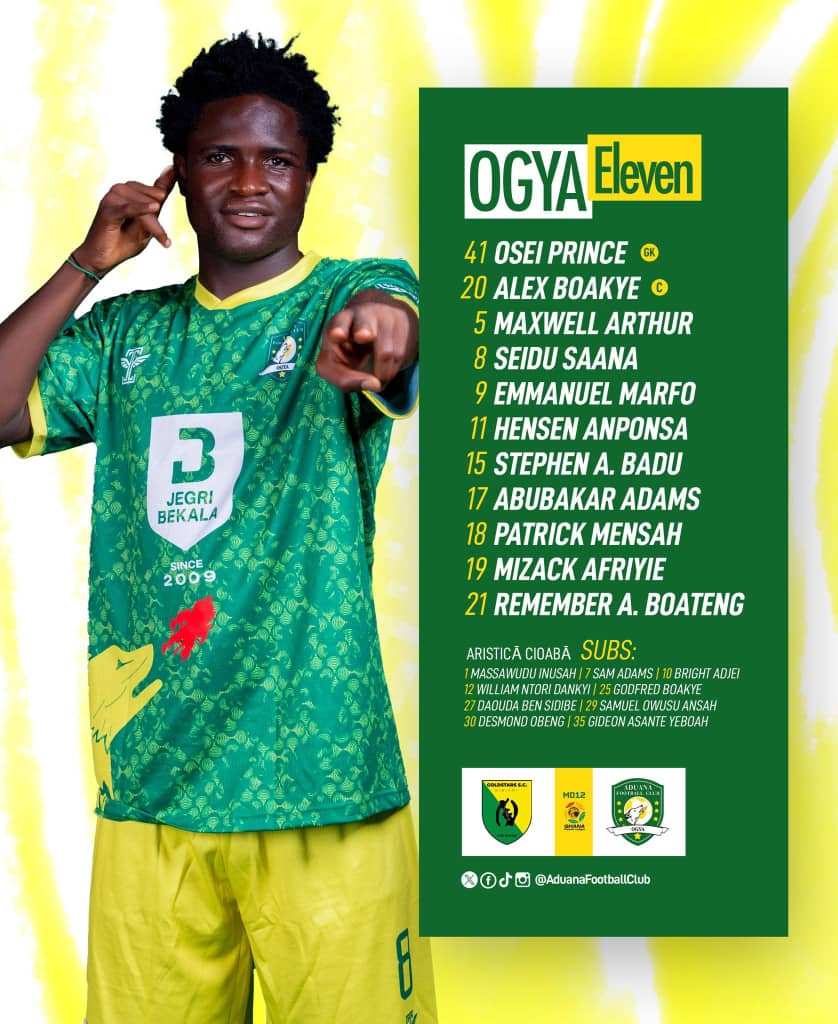 AduanaStarsFc's tweet photo. 🔥⚽️ LINE-UP! 
Here's how #AduanaFC lines up against the Miners! 💚💛  at Duns Park this afternoon! 
#Ogya 
#GHPL https://t.co/grrdvyJzbX