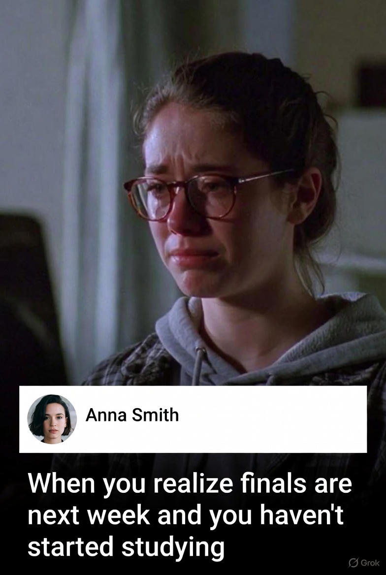 GradCalculator's tweet image. When you realize finals are next week and you haven’t started studying 😭 Grade calculator just became my therapist gradcalculator.com #FinalsWeek #CollegeMemes #StudentLife #SendHelp”