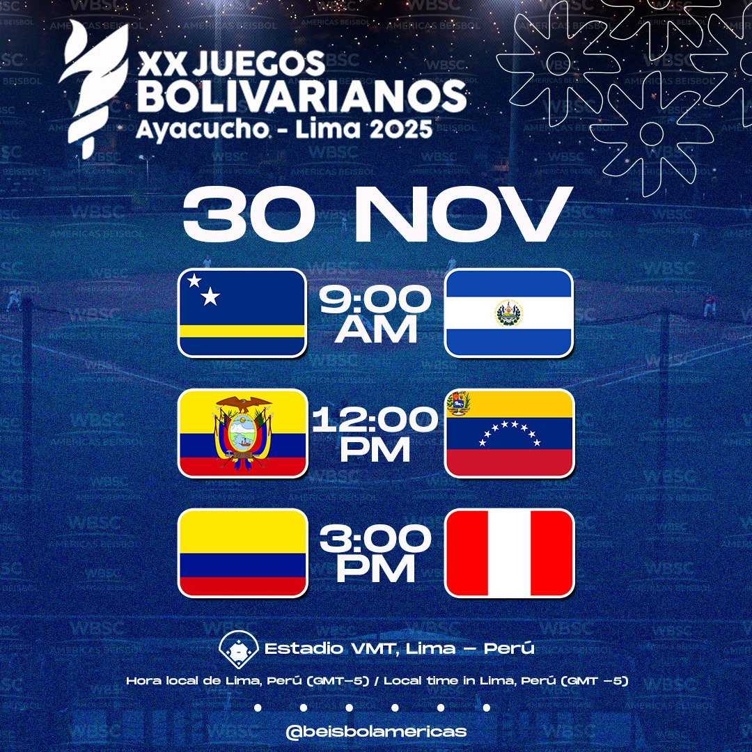 #Bolivarianos 🏆

Primera jornada 📆 

🇨🇼🇨🇴🇪🇨🇸🇻🇻🇪🇵🇪

Opening games 📆 

🏟 Estadio Villa María del Triunfo 
📍 Lima, Perú 🇵🇪

Detalles/Details 💻 wbscamericas.org

#OurGame 
#NuestroJuego