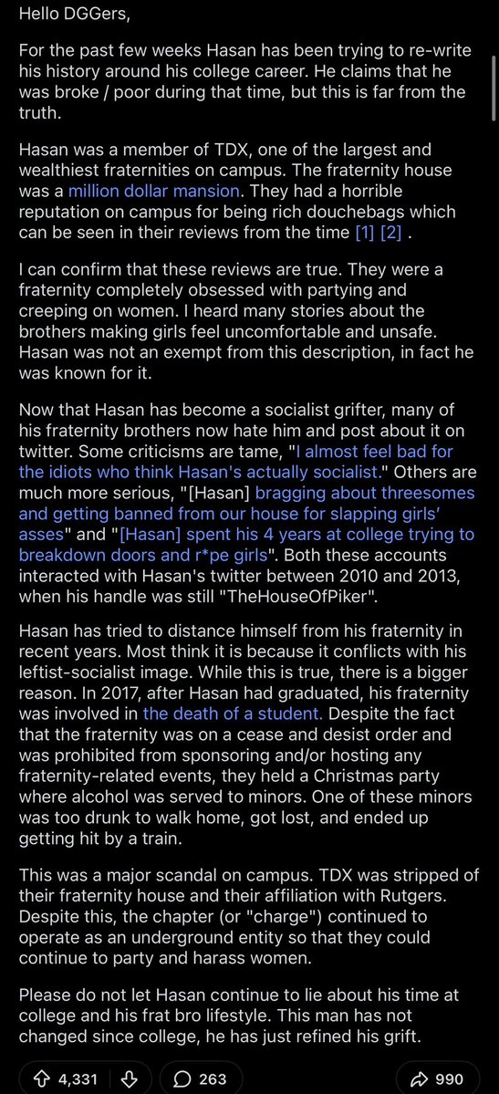 Awk20000's tweet image. Somebody claiming to be a former college classmate of Hasan is going viral on Destiny’s subreddit for calling out Piker’s past

“I went to college w Hasan, here’s what he was really like”

The post accuses Piker &amp;amp; his fraternity of various things

Includes tweets from former…