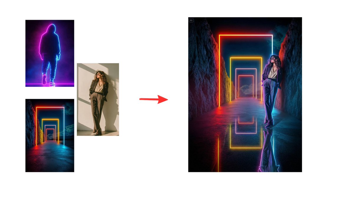 Parul_Gautam7's tweet image. Fusion gets interesting with Nano Banana Pro.

I mixed a neon silhouette, a geometric tunnel, and a natural-light portrait, three visuals with completely different moods.

The model rebuilt them into a single unified scene with matching tone, shadows, and style, like they were…