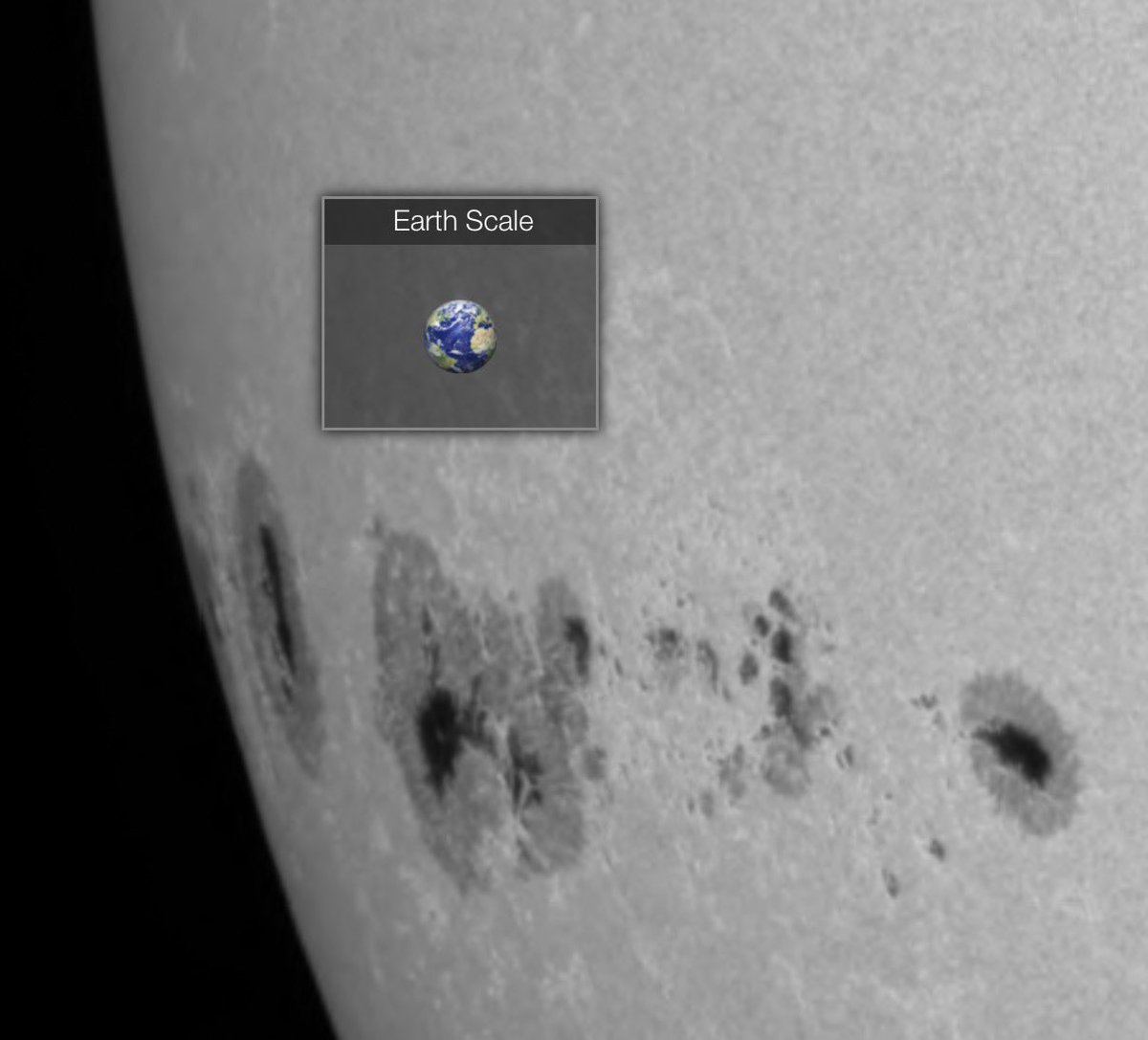 Vincent_Ledvina's tweet image. Here is AR 4294 this morning with the Earth for scale. As of now, it is 1400 MSH (millionths of a solar hemisphere) and is the largest sunspot group of 2025. 

It has a 15% chance to create an X-class flare in the next 24 hours according to NOAA SWPC.