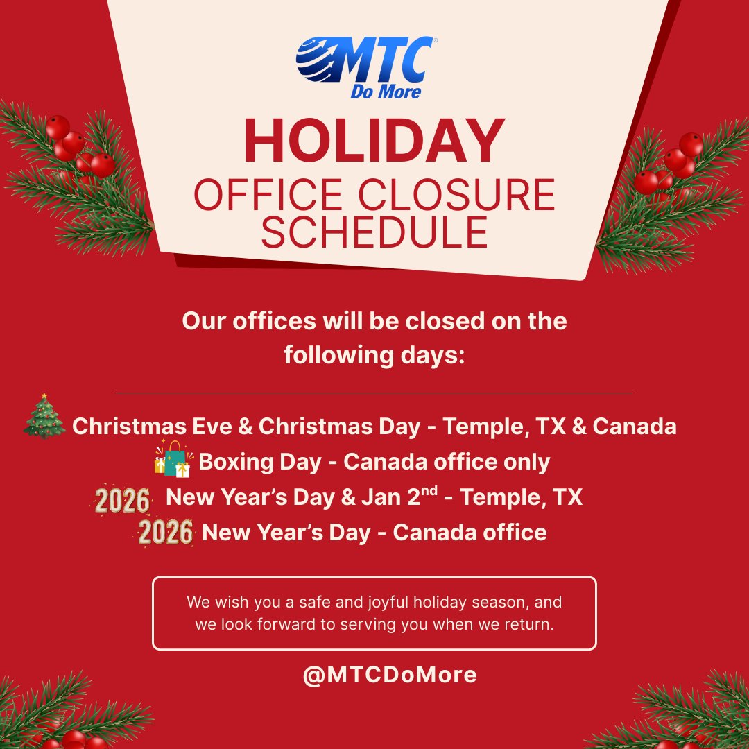 #MTC Holiday hours!
Christmas Eve &amp; Christmas Day  - Temple, TX &amp; Canada
Boxing Day (12/26) - Canada office only
New Year’s Day (January 1st and 2nd) - Temple, TX &amp; Canada (January 1st)

We wish you a safe and joyful holiday season!

#HolidayHours #MTCDoMore