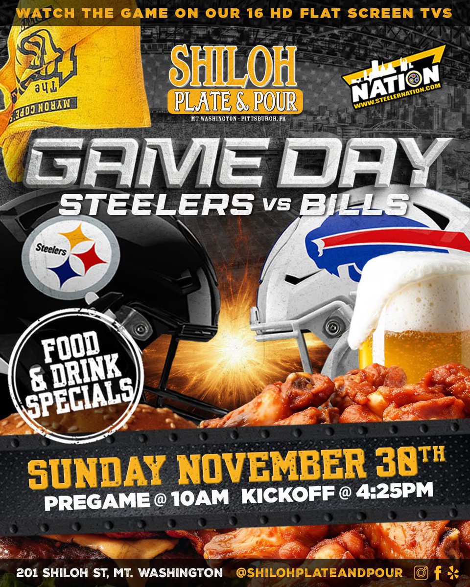 nothingmanpgh's tweet photo. Here we go! Steelers vs Bills.

Big screens. Cold drafts. Hot wings.

Kickoff at 4:25PM! https://t.co/WNIkAtEUbL