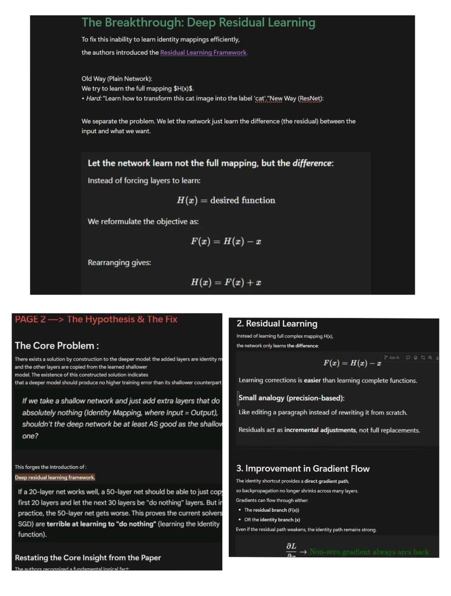 TensorThrottleX's tweet image. Day 196 : DataScience Journey
The Paper That Changed Deep Learning Forever: &quot;Deep Residual Learning for Image Recognition&quot; (He et al., 2015) 
Everyone knows ResNet is important, but most people still don’t actually get why it was such a big deal.
The Core :
1&amp;gt;The Problem Everyone…