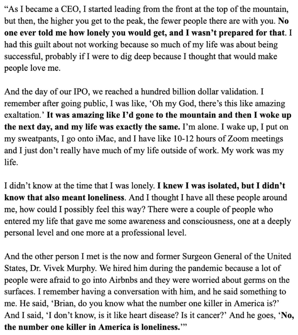 zfellows's tweet image. Brian Chesky @bchesky (CEO of Airbnb) on loneliness