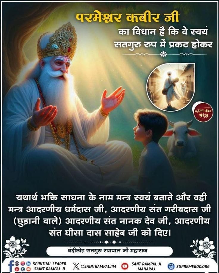 #GodMorningSunday
परमेश्वर कबीर जी का विधान है कि वे स्वयं सतगुरु रुप में प्रकट होकर यथार्थ भक्ति साधना के नाम मन्त्र स्वयं बताते और वही मन्त्र आदरणीय धर्मदास जी, आदरणीय संत गरीबदास जी (छुड़ानी वाले) आदरणीय संत नानक देव जी, आदरणीय संत घीसा दास साहेब जी को दिए।
#सत_भक्ति_संदेश