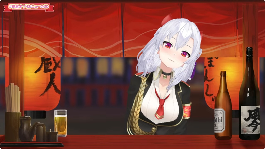 for_k_est2's tweet photo. 改めて新衣装おめでとうございます。
スクショ失敗したのでアーカイブから
「大将やってる？」→ほろ酔い→泥酔→嘔吐五秒前
 #風宮まつりおニューの3D https://t.co/SZ1tboBDqb