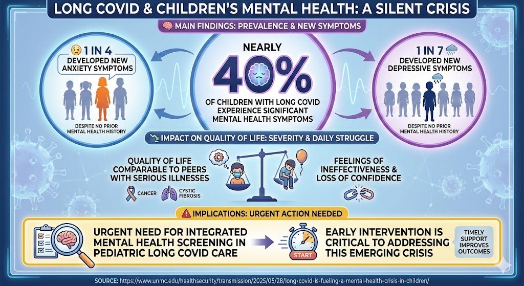 Nearly 40% of children with long COVID develop serious mental health symptoms, including new anxiety (1 in 4) and depression (1 in 7).

Their quality-of-life mirrors that of kids with cancer or cystic fibrosis, demanding urgent mental health screening.
unmc.edu/healthsecurity…