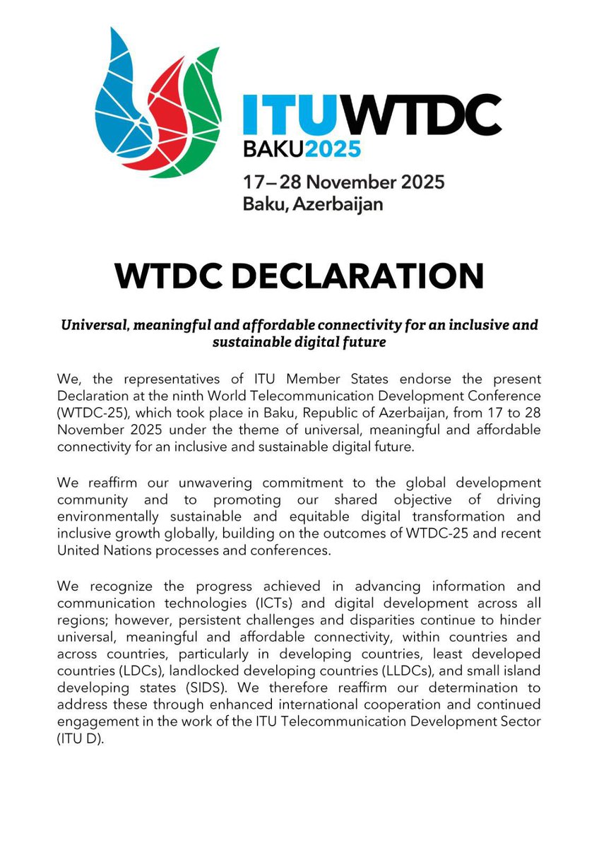 Discover the Baku Declaration (2026 - 2029), which highlights the united commitment of <a href="/ITU/">Int’l Telecommunication Union</a> Member States to drive environmentally sustainable, equitable digital transformation for all. #ITUWTDC
👉 itu.int/itu-d/meetings…
