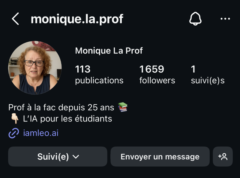 tireugram's tweet photo. Thread #ia #éducation et surtout #prédation et pratiques commerciales douteuses. Je scrollais sur Instagram quand je suis tombé sur ça. Un compte appelé "Monique la prof", qui se décrit comme #professeure à l'université depuis 25 ans. Sur sa page, des dizaines de vidéos (1/20) https://t.co/cED35EAkgz