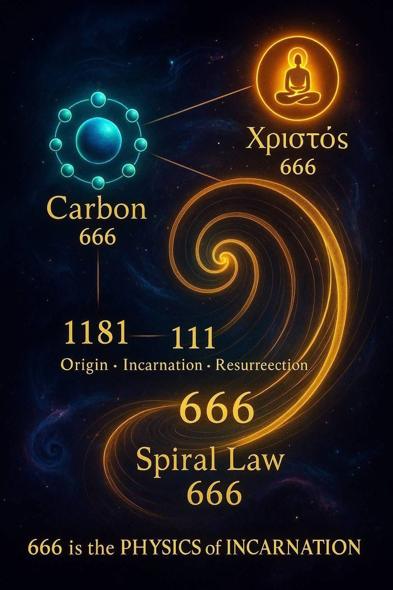 THE 666 REVEAL           
            
Why “666” Was Never Evil. It Was the Key to Human Incarnation the Entire Time...

Spiral Law Carbon Code Christos Architecture

Every age has a symbol it gets catastrophically wrong...

Ours is 666 

A number humans feared… mocked…
