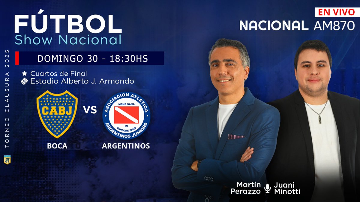 #FútbolShowNacional ¡Arrancan los Cuartos de Final del Torneo Clausura y lo vas a vivir por <a href="/NacionalAM870/">Radio Nacional AM 870</a> ! ⚽️

Desde las 17:30 hs, transmitimos #Boca vs #ArgentinosJrs en #AM870 

Relata <a href="/munecoperazzo/">Martin Perazzo</a> comenta <a href="/JIMinotti/">Juan Ignacio Minotti</a> 
Vestuarios <a href="/soykoli/">Jonatán Kolibski</a> y <a href="/goojeda/">Gonzalo Ordóñez Ojeda</a> 

📻AM870
#TuRadio