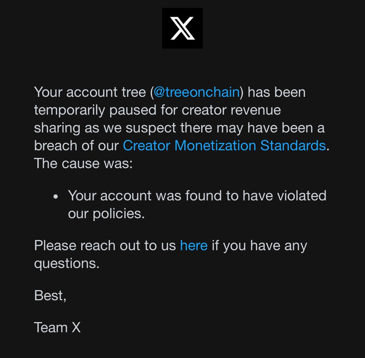 treeonchain's tweet image. Woke up this morning to some bad news 

My account was temporarily paused for the creator revenue sharing 

Looking into it but I hope it’s a glitch since some other people are having similar issues