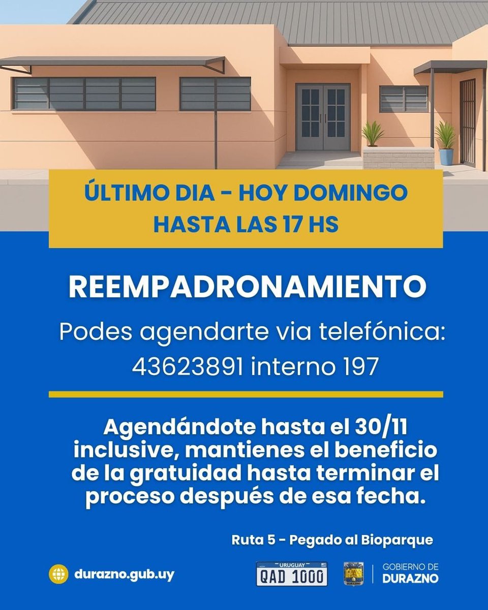 IntendenciaD's tweet image. Último día para reempadronar sin costo

Hoy, hasta las 17:00, continúa la atención en Ruta 5 —junto al Bioparque— para quienes agenden su trámite.

Agendándote hasta el 30/11, mantenés el beneficio de la gratuidad aunque el proceso concluya luego de esa fecha.