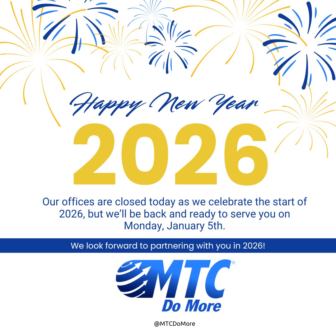 #HappyNewYear from Team MTC! Our offices are closed today as we celebrate the start of 2026, but we’ll be back and ready to serve you on Monday, January 5th.

We look forward to partnering with you in 2026!

#BatteryHandling #FoodProduction #FutureReady #MTCDoMore #GoMTC