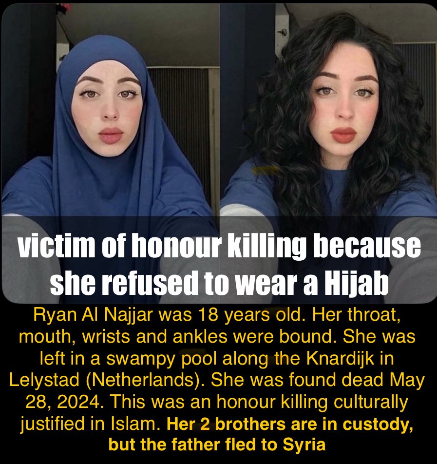 45LVNancy's tweet image. Meet Ryan Al Najiar 

A Syrian teenager murdered by her father &amp;amp; brothers.

She brought shame to her family by secretly dating a white boy, refusing to wear a hijab or conforming to laws written by pedophile murders.

Barbaric?
Not to them. 

This is why we need a Ban on Islam