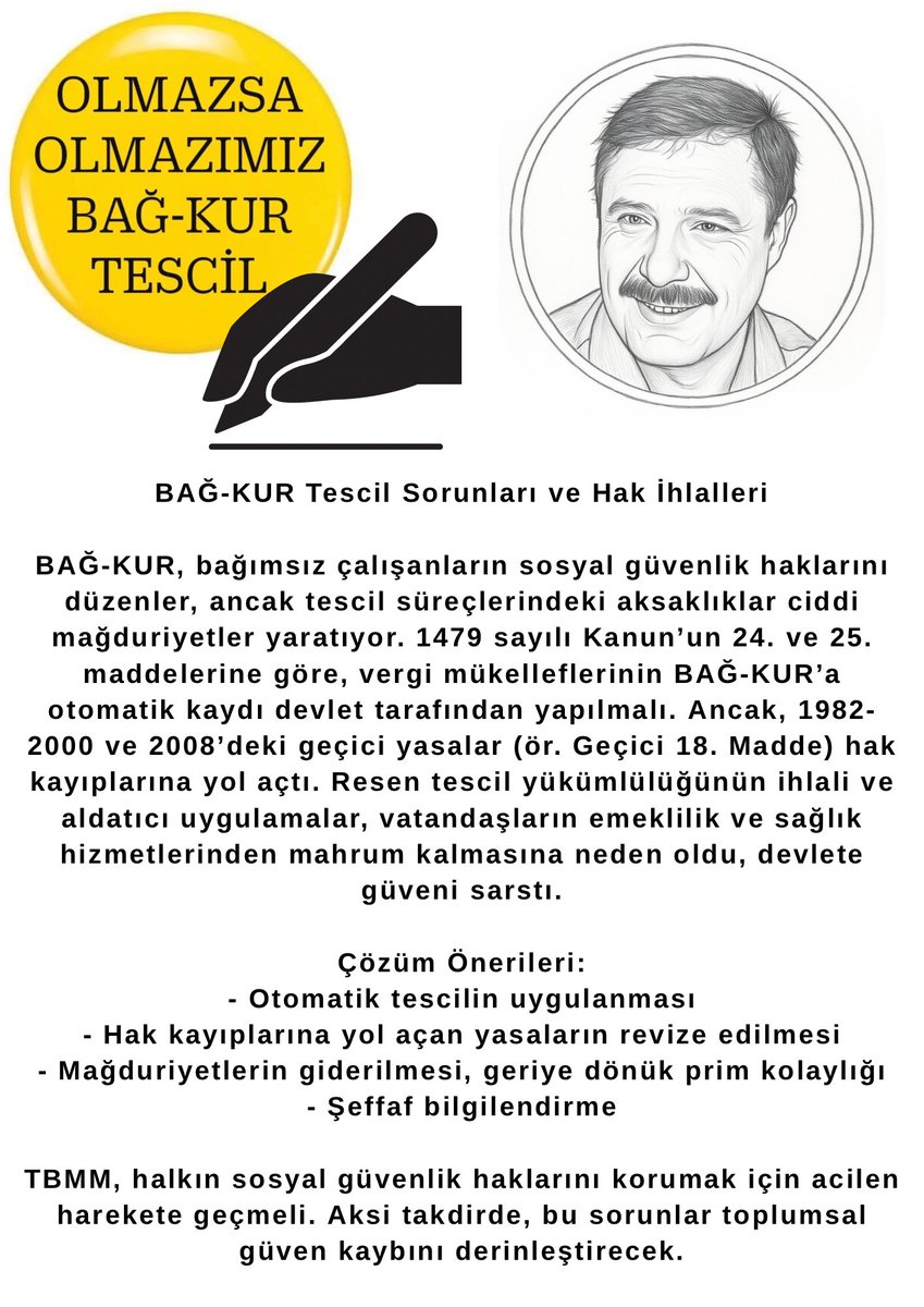 <a href="/yavuzagiraliog/">Yavuz Ağıralioğlu</a> <a href="/anahtarparti/">Anahtar Parti</a> <a href="/nihal01/">Nihal Ağca</a> <a href="/avukatayhanerel/">Ayhan EREL</a> <a href="/FuatGecen/">Fuat Geçen</a>
Yıllarca çalıştık, prim ödedik ama Bağ-Kur tescilimiz yapılmadı.
Emeklilik hakkımızı istiyoruz!
#BağkurTescilMağdurları #AnahtarPartiSesimizOl 🤲