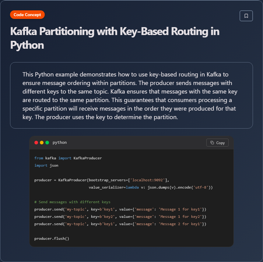 techielearns's tweet image. ✨ Kafka Partitioning with Key-Based Routing in Python (System Design)

#SystemDesign #Architecture #Scalability #DistributedSystems #100DaysOfCode #DevLife