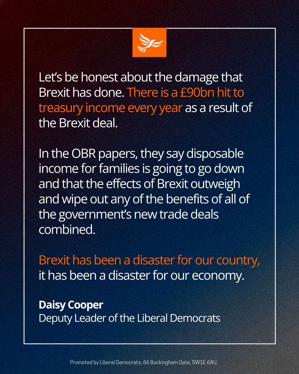 LibDems's tweet image. It’s time to admit what a disaster Brexit has been.

Liberal Democrats have a plan to fix our trade with Europe to turbocharge the economy, fix the cost of living crisis and properly fund our public services.