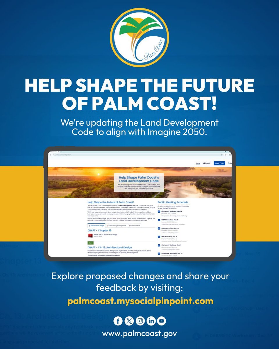 Help shape the future of Palm Coast! We are updating our land development code to align with the Imagine 2050 Comprehensive Plan and your feedback is vital! 

Get started now at palmcoast.mysocialpinpoint.com