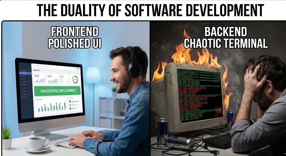 MohitSi44211571's tweet image. Full-stack dev life: Frontend looks perfect, backend&apos;s a dumpster fire, and the database is judging you silently. Why do we do this? For the dopamine hit when it finally deploys. 😂

#CodingStruggles #DevHumor #FullStackFail #SoftwareDev
