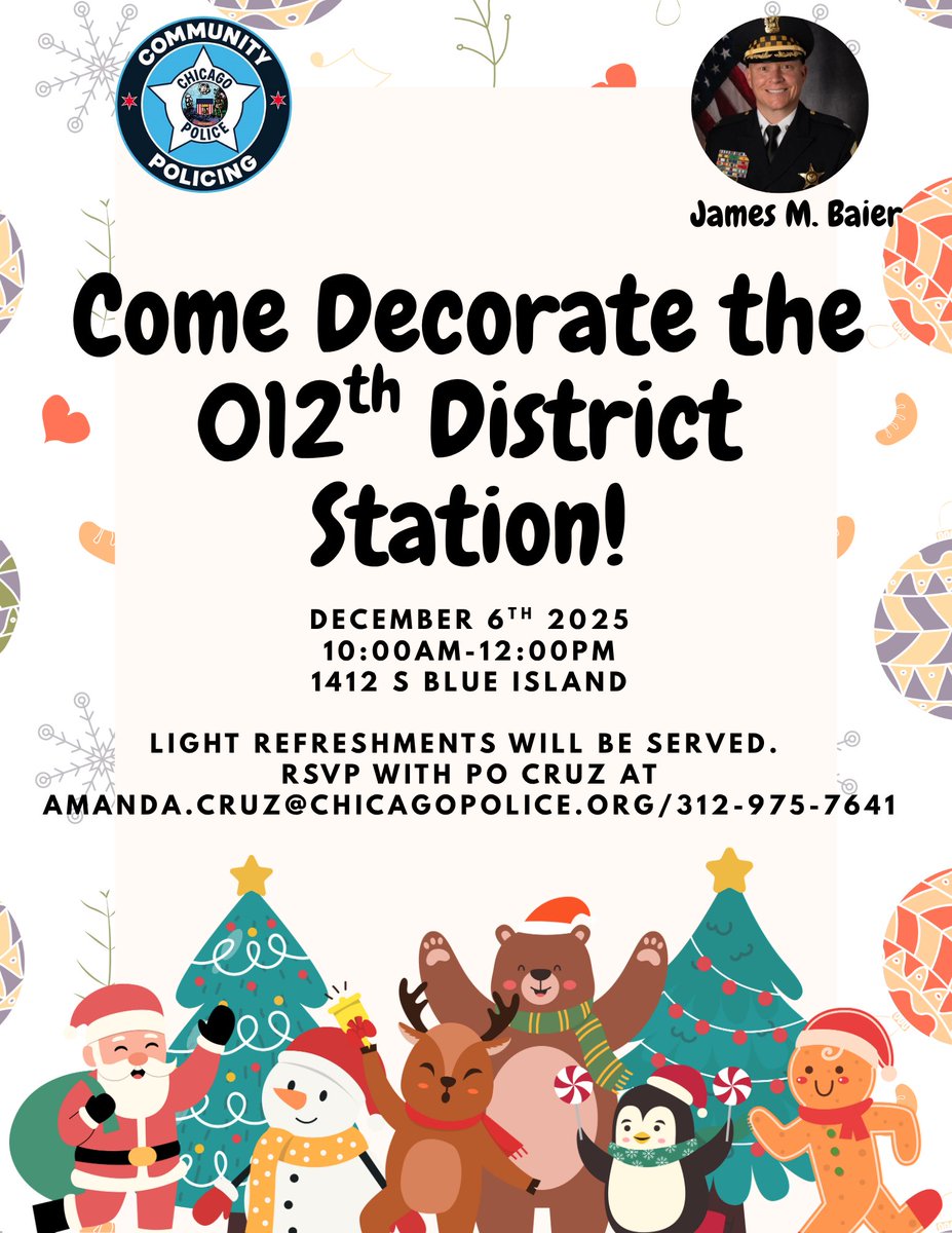Our Explorers will be decorating our station for the season! Come join us, meet the team, and help us decorate together. If you're interested in joining the Explorer Program, please contact me directly. Let’s build something great for our community together. <a href="/ChicagoCAPS12/">Chicago Police, 12th District Near West</a>