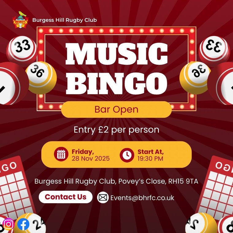 BurgessHillRFC's tweet photo. Music Bingo at BHRFC Friday 28 November #Pitchero
https://t.co/BWKzaKkmiw https://t.co/JdtMBc4ezA