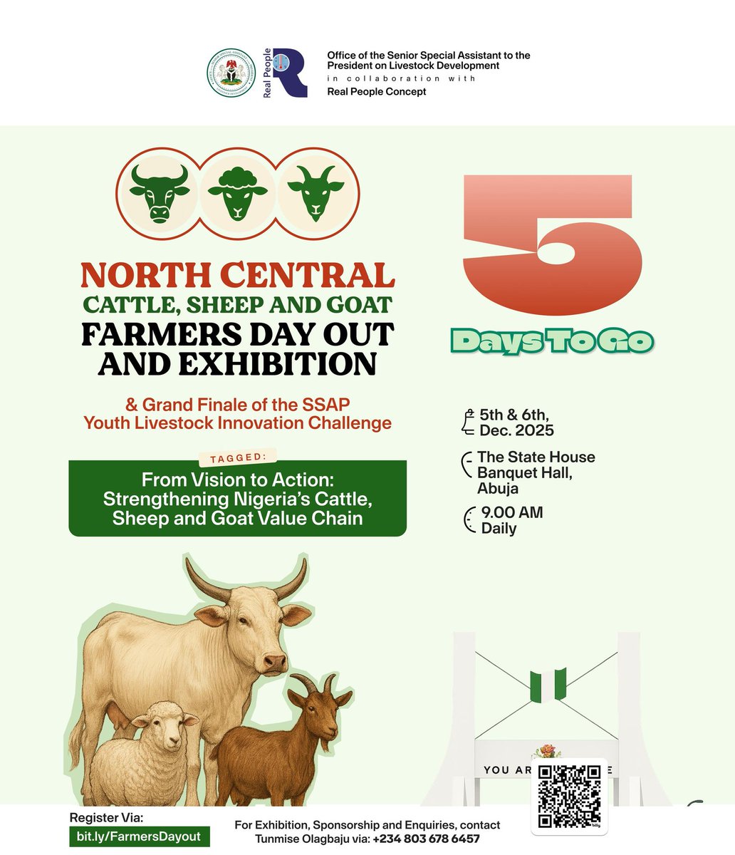 SWRuminatfarmer's tweet photo. Just 5 Days to Go!

“From Vision to Action: Strengthening Nigeria’s Cattle, Sheep and Goat Value Chain.”

🔗 Register now: https://t.co/Re395LiQo4

5th &amp; 6th December 2025
The State House Banquet Hall, Abuja
 9:00 AM Daily https://t.co/XF7V8HKBtA