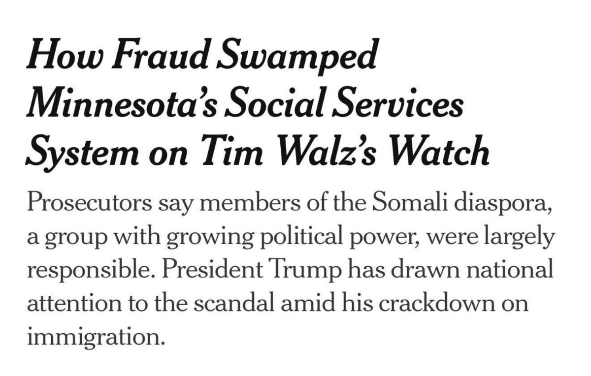GuntherEagleman's tweet image. 🚨 NYT BOMBSHELL: $1B+ stolen from Minnesota social services under Gov. Tim Walz. Massive fraud, ghost billing, ignored warnings, all on his watch. 

Taxpayer cash looted while kids went hungry. 

Tim Walz failed.