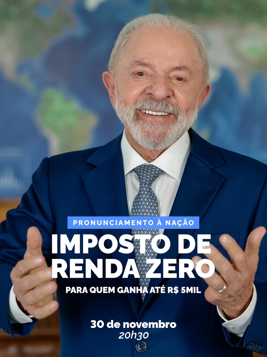 MinFazenda's tweet image. Hoje, às 20h30, o presidente Lula fará um pronunciamento em rede nacional de rádio e TV, sobre a nova lei do Imposto de Renda zero para quem ganha até R$ 5 mil, uma medida que coloca mais justiça e mais oportunidades na vida dos brasileiros e brasileiras.
📸 @ricardostuckert