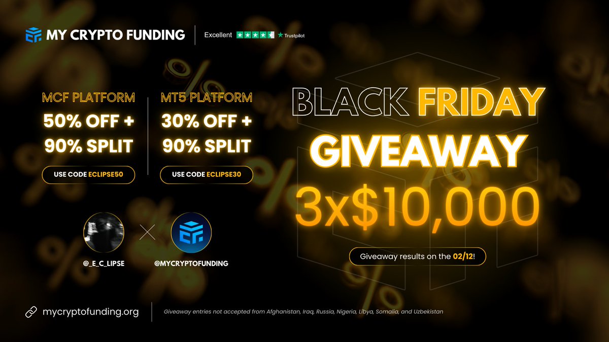 🚨3 X 10,000$ Giveaway from <a href="/MyCryptoFunding/">My Crypto Funding</a> 

-Rules to Enter👇

1⃣Follow <a href="/_E_c_lipse/">Eclipse 🧪</a> &amp; <a href="/MyCryptoFunding/">My Crypto Funding</a>
2⃣Like♥️Retweet🔁
3⃣Tag 3 Traders &amp; Mention your Favourite Instrument

Use Code: ECLIPSE50 for 50%OFF + 90% Split