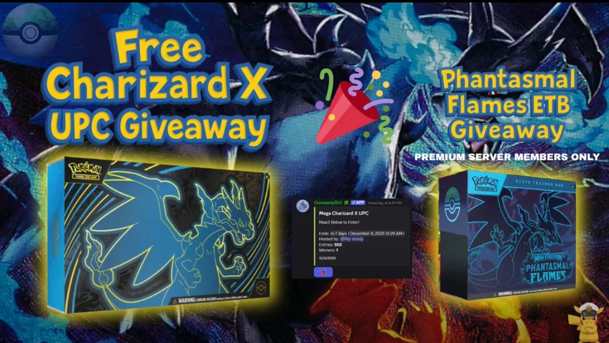 Drop_Notify's tweet photo. 🚨4 DAYS LEFT FOR CHARIZARD X UPC GIVEAWAY (ends December 4th)

✅ To enter:

-Like ❤️
-Repost 💯
-Join: https://t.co/FSsBKOHc74 (and press the 🎉 button in giveaway channel)
-Comment you’re favorite Pokemon for good luck 🍀 

#Pokemon #CharizardXUPC #Giveaway #Free #PokemonTCG https://t.co/sOSyrpWWXz