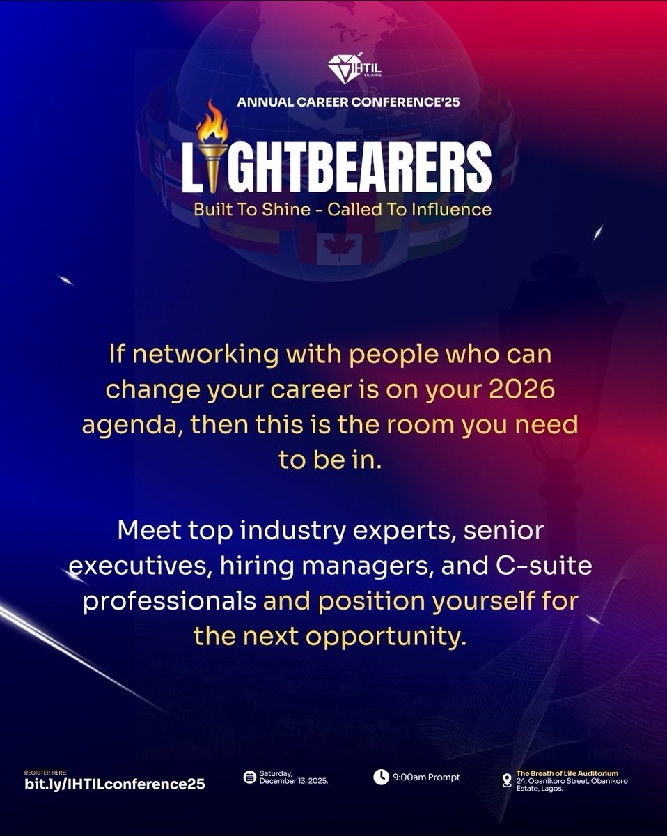 ihtilcoaching1's tweet photo. If genuine, high-impact networking is on your agenda, this is the ONLY ROOM you need to be in.

📍 The Breath of Life Auditorium, Obanikoro, Lagos
📅 Dec 13, 2025
⏰ 9:00am

Limited seats available. 
Tap the link in bio to register. 

#IHTILconference25 #careerconference https://t.co/xDeKcaaWms