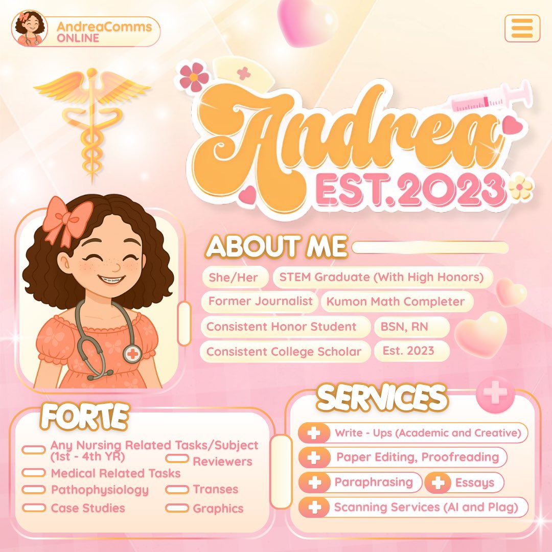 <a href="/mackynzieee/">Mackenzie ✨</a> Hello po, I am Andrea. Registered Nurse who graduated from a top performing school🤍

𝑴𝙮 𝙁𝒐𝙧𝒕𝙚𝒔˖ . ݁𝜗𝜚. ݁₊
♡ Any Nursing Related Tasks
♡ Medical Related Tasks
♡ NCP's
♡ Pathophysiologies
♡ Case Studies
♡ Drug Studies/Pharma Cards
♡ Reviewers/Transes Making
♡