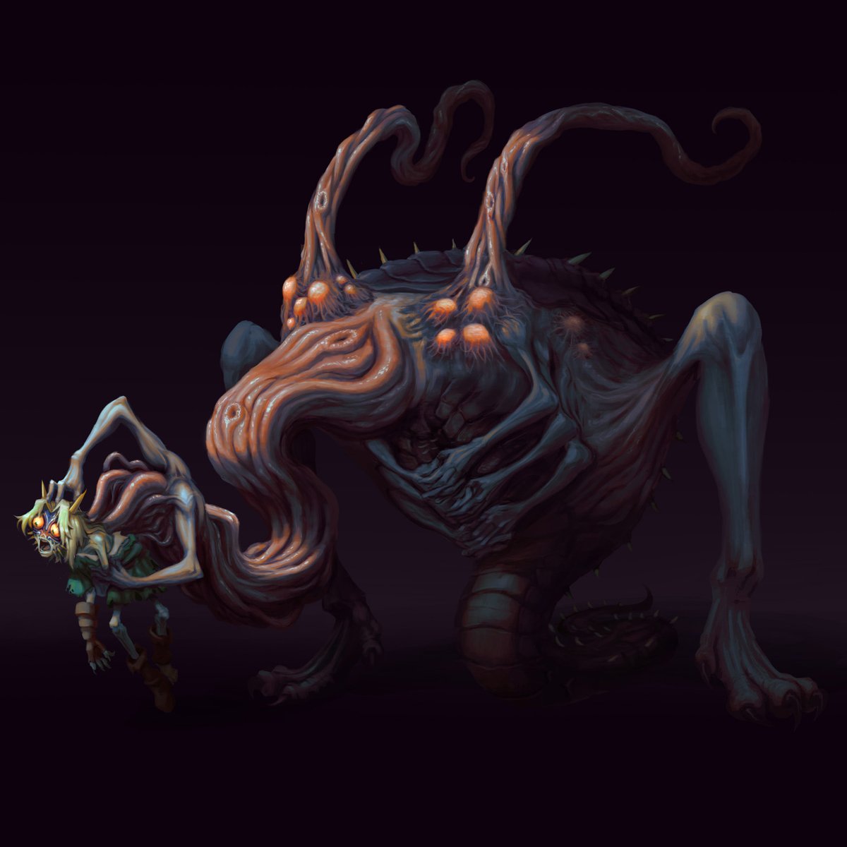 SpanielReyes's tweet photo. I wanted to work on a darker reimagining of Zelda (huge fan of the Zelda franchise), so I came up with this idea for a version of Link that turned to Majora's Mask to beat Ganon and became a puppet to a physical manifestation of its power. https://t.co/XACSEEKex1