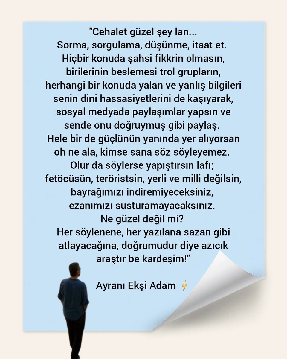 AyraniEksiAdam's tweet image. #AyranıEkşiAdam ⚡️
#cehalet #sorma #sorgulama #itaat #fikir #yalan #yanlış
