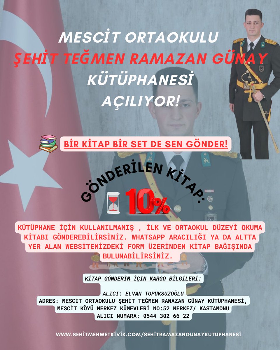 tegmenmkivik's tweet image. 22 Aralık 2023’te Pençe-Kilit Harekatında şehit düşen kahraman silah arkadaşımız P.Tğm. Ramazan Günay adına açılacak şehit kütüphanemiz için ilkokul/ ortaokul düzeyi okuma kitapları beklenmektedir. Duyarsız kalmayalım🇹🇷📚

sehitmehmetkivik.com/sehitramazangu…