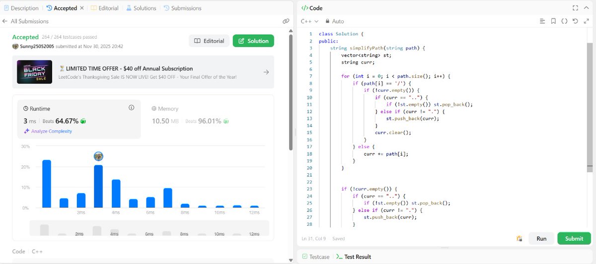 SunnyKumar51305's tweet image. 🔥 Problem of the Day:  Simplify Path
Approach:  
Language: C++
Difficulty: Easy
✅ Passed all testcases
#DSA #LeetCode75