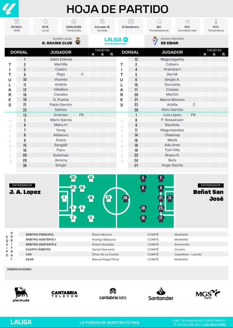 J16 <a href="/LaLiga2/">LALIGA HYPERMOTION</a> ⚽️
#RacingEibar
Partido 29
🎙️<a href="/SergioFFerra/">Sergio Ferra Salcedo</a> 
📄Alineaciones
#insidelaliga