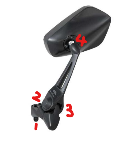 myon_ichi's tweet image. 念の為、デメリットの部分もお話しておきます。

普通のミラーは根元と首？の部分2個所ですが、
これは以下のように4つあって、1と2が結構緩みます
ちょっと角度変え。で動かして緩むと再度シメないと位置固定できないとかになります。
あと多関節なので左右平等に位置を合わせるのも面倒です笑