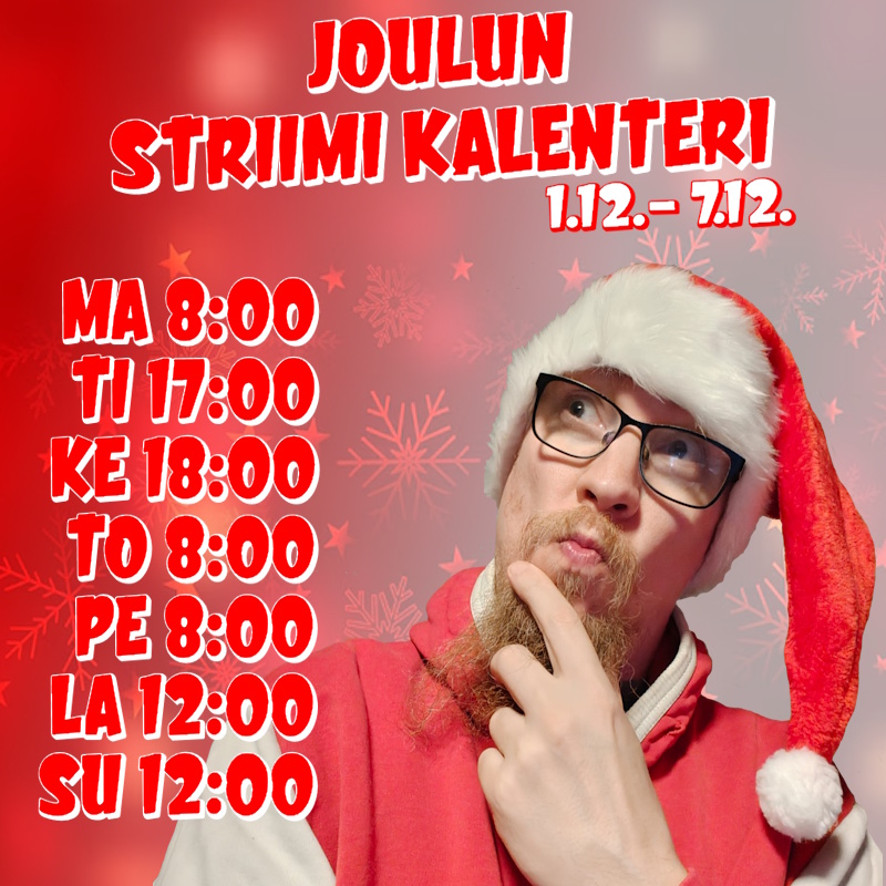 The_Chairman84's tweet photo. Hyvää alkavaa joulukuuta kaikille!

Joulukuussa meidän kanavalla siirrytään Striimi kalenterin pariin. Tämä tarkoittaa sitä, että joka päivä joulukuun aikana tulee striimiä.

https://t.co/sIAIFKvjKV https://t.co/070Z6YLao9