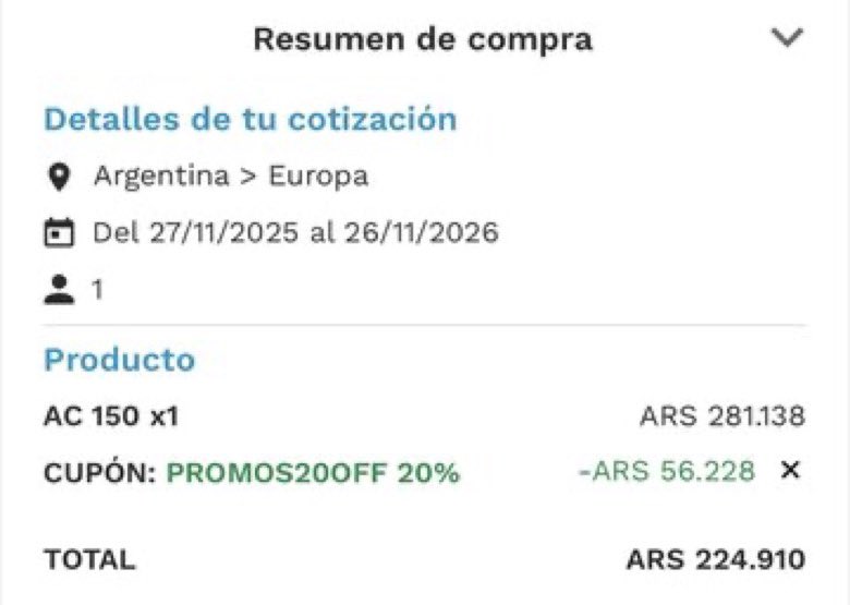 Última oportunidad del año

Asistencia al viajero

Assist Card

Con doble descuento

Hasta 40% off

Más 20% off extra con código

PROMOS20OFF

Solo desde acá

assistcard.com/ar/b2c/promos-…

Cotizando la asistencia anual de múltiples viajes de hasta 30 días seleccionando exactamente 365