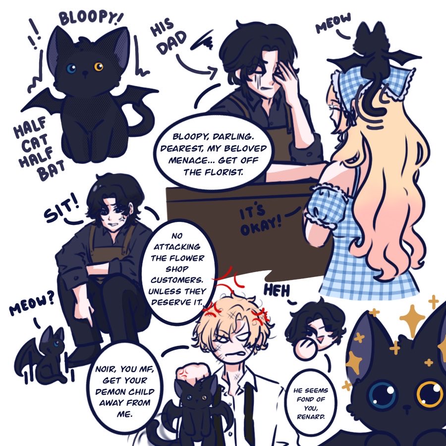 MuriLayt's tweet photo. Random drawings of Bloopy, the half cat, half bat familiar 🦇 

Ft. Characters from my comic 

#ocart #originalcharacterart https://t.co/5uk8WjJ33R