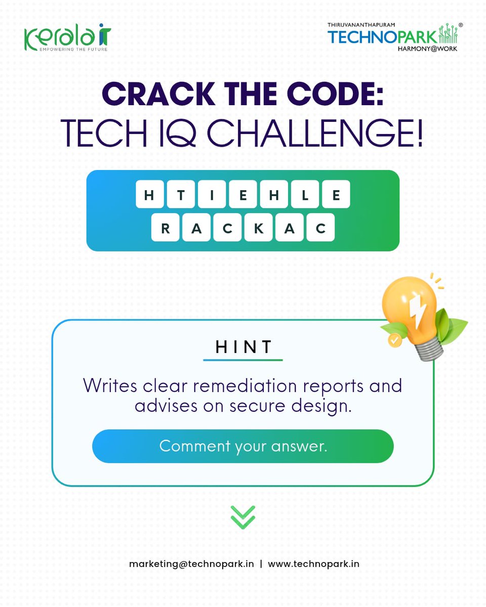 mytechnopark's tweet image. Gear up for the next edition of Crack the Code word puzzle.

A jumbled tech keyword awaits your decoding skills. Unravel it and drop your answers in the comments.

Don't miss the clue

Jump in and crack the challenge!

#Technopark #Crackthecode #Puzzle #Challenge #TechIQ