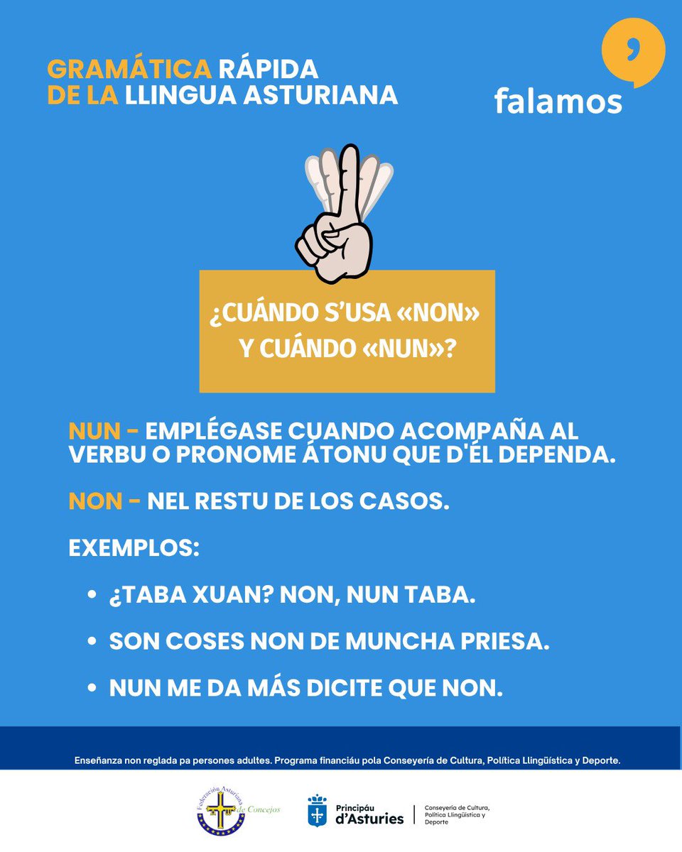 ¿Sabes usar bien el non y el nun n’#asturianu? 

Deprendi más nos cursos de Falamos! 

Más info na web falamos.info

#FACC <a href="/culturaAST/">Conseyería de Cultura, P. Llingüística y Deporte</a>